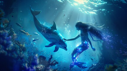 Wall Mural - Beautiful mermaid swimming playing with dolphin underwater in deep sea.