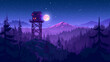 Firewatch tower in the middle of a forest. Simple illustration with flat design, mountains and a moon in the background. 