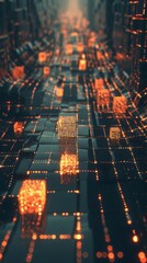 Poster - A dynamic wireframe visualization of network traffic, data packets represented by small, glowing cubes moving along lines