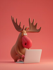 Wall Mural - A Cute 3D Moose Using a Laptop Computer in a Solid Color Background Room