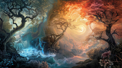 Wall Mural - An ethereal landscape where every element of nature--trees, water, wildlife.