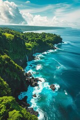 Wall Mural - A panoramic view of a long, pristine beach stretching towards the horizon, flanked by lush green hills and crystal-clear turquoise water