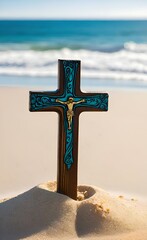 Wall Mural - Small wooden Christian cross in sand on the beach with sea in background and copy space.