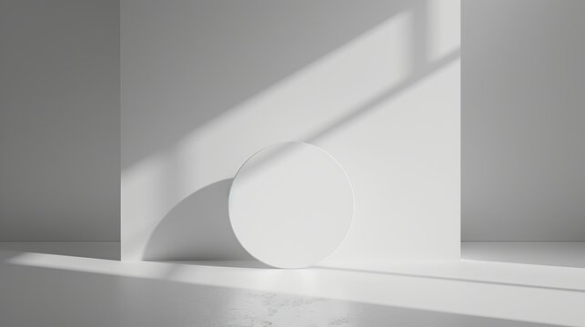 3D rendering of a white room with a curved wall and a large circle on the floor. The room is lit by a single light source from the right.
