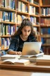 © Ingenious Buddy  - A Young American female student study in the school library she using laptop and learning online