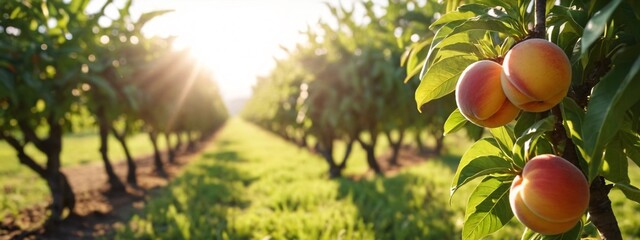 Wall Mural - A peach tree with ripe peaches on a sunny day in the garden. Ripe sweet peaches growing on a peach tree in the garden. A background with a place to showcase the product, an advertising banner.