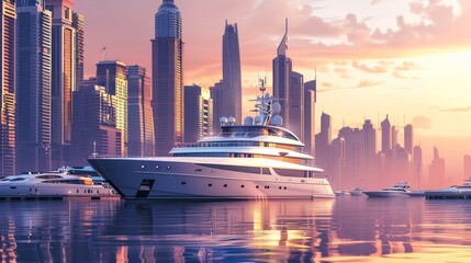 Wall Mural - Luxury yacht in sea water at sunset with colorful sky with city skyline.