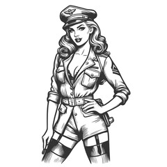 Wall Mural - pin-up girl dressed in a military uniform, projecting confidence and allure sketch engraving generative ai fictional character vector illustration. Scratch board imitation. Black and white image.
