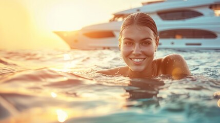 A female swimming in sea water with yacht at back