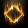 Gold square shape border with flash rays and sparks vector illustration. Realistic 3D shiny golden frame with edges and fiery flare, precious jewelry and abstract star dust glow on black background