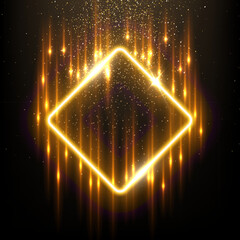 Poster - gold square shape border with flash rays and sparks vector illustration. realistic 3d shiny golden f