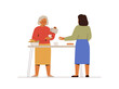 Senior woman and her adult daughter drink tea together.  Women talking and making coffee with cake on the kitchen. Family concept. Vector illustration