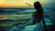 woman stands at the ocean’s edge, enveloped by the gentle embrace of waves, long exposure