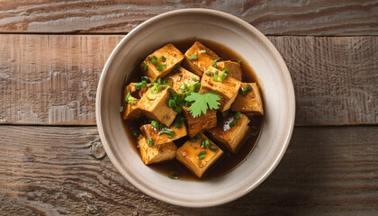 Miso braised tofu over wooden table. Tasty meal. Delicious food for dinner. Culinary concept.