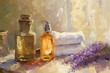 Impressionistic close-up of a spa setting: loose brushstrokes capture the light on bottles, the texture of towels, and the scent of lavender