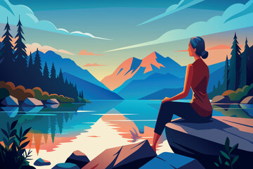 Sticker - A woman sits by a lake, enjoying a tranquil mountain sunset