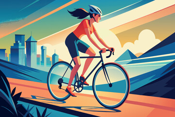 Woman cycling near the city at dusk