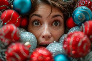 Wall Mural - Young woman peeking out amidst a collection of colorful Christmas baubles, with a look of wonder