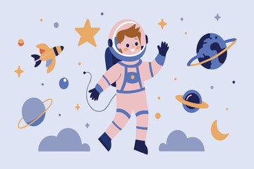 Wall Mural - cartoon astronaut with colorful planets in a stylized space setting