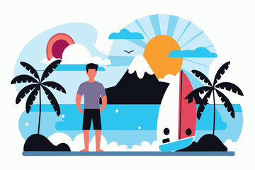 Wall Mural - A relaxed surfer enjoys a scenic sunset beside palm trees