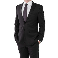 Wall Mural - A man in a dark suit, tie, and white shirt on a white background, embodying business attire and professionalism