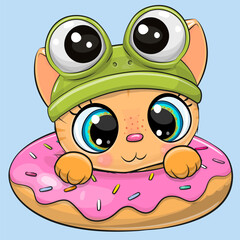 Sticker - Cartoon Orange Kitten with donut on a blue bakground