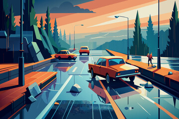 Sticker - Classic cars cruise a coastal road at sunset with pedestrians nearby