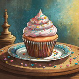 Fototapeta Las - watercolor illustration, beautiful cupcake on a plate
