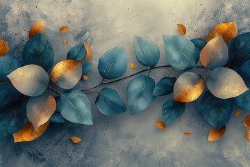  3D render of blue and gold leaves on grey background, in the style of unknown artist. Created with Ai