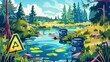 Environmental pollution cartoon with dusty swamp or lake with toxic waste barrels and warning signs. Modern illustration of summer forest landscape with radiation contaminated pond.