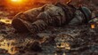 Close up of a soldier's body laying in the mud with a sunset background on a battlefield in the style of war concept art. 