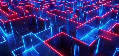 Wall Mural - Bright blue and red neon Creates a maze generative ai