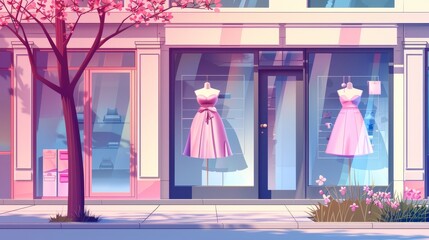Fashion shop facade with mannequins wearing female garments outside large windows. Building with closed doors, Cartoon modern illustration.