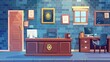 The police station interior features a desk, computer and chair as well as a file cabinet and a gold badge on the wall. An illustration of the police department room features detective furniture, set