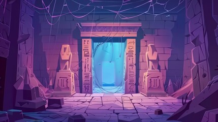 Wall Mural - The interior of an ancient Egyptian pyramid with a door that is opened. Cartoon illustration of a pharaoh tomb with sculptures and mysterious hieroglyphs on a wall covered with spiderwebs.