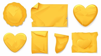 Poster - An isolated white background with yellow paper stickers and crumpled sticky notes. A modern realistic set of empty glued labels with rounded corners and circle, rectangle, and heart shapes.