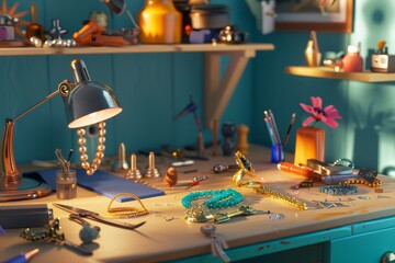 Wall Mural - A table with many pieces of jewelry and tools on it