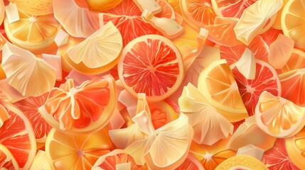 Wall Mural - Cut tropical fruit and orange peel textures. Modern bright backgrounds with seamless patterns of citrus fruit slices and peels.