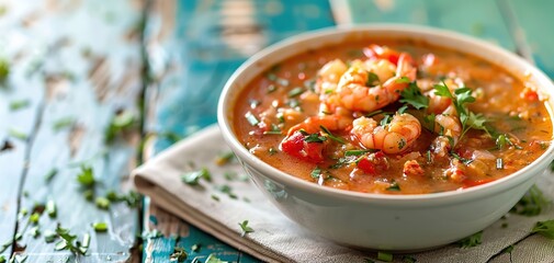 Wall Mural - A bowl of crawfish etouffee over a clean wooden backdrop, copy space generative ai