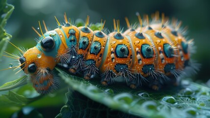 A caterpillar munching on leaves, a tiny but voracious eater. Photorealistic. HD.