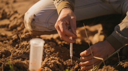 Canvas Print - Farmer examining soil quality with testing kit, close up, focus on hands and soil, soil management 