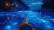 Bioluminescent bay at night, glowing water, magical kayak experience. Photorealistic. HD.