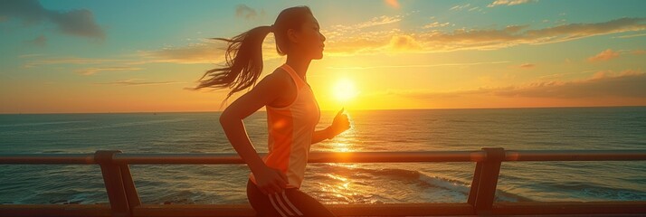 Wall Mural - An active Asian jogger, embodying vitality, runs along the seaside at sunrise, promoting fitness and wellness.