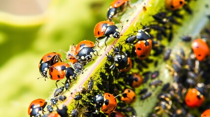 Poster - Close up of natural predator insects on crops, ladybugs eating aphids, biological control 