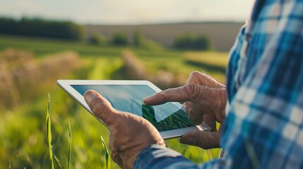 Canvas Print - Farmer consulting pest management app on tablet, close up, focus on screen, modern technology in farming