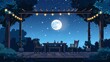 An illustration of a home terrace at night. A hotel or cafe outdoor patio at night with furniture and light garland, a dark garden with trees, and a full moon. Cartoon background with wooden veranda.