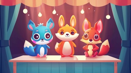 Wall Mural - Cartoon puppet theater animated web banner, funny dogs, rabbits and fox characters perform story or show for children. Modern illustration.