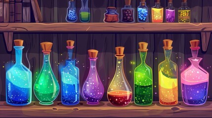 Wall Mural - A vintage collection of elixir bottles with colored liquids, love potions, medicine, toxic poisons, and perfumes on a wooden shelf. Illustration of medieval lab collection with corked glass jars.