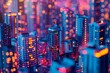 A cityscape with buildings lit up in neon colors