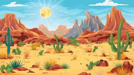 Wall Mural - A dry tree, wild cacti, sand dune hills, brown rocks, and a desert landscape with brown rock, sand dunes, and green cactus is depicted in this cartoon modern illustration of a desert landscape with